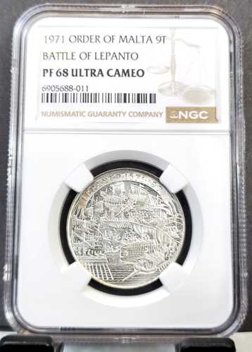 1971年 マルタ騎士団 銀貨 9 タリ レパントの海戦 NGC PF 68 ウルトラカメオ トップ｜世界の紙幣・金・銀・銅 ラフテル