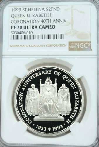 1993年 セントヘレナ 銀貨 2ポンド エリザベス2世戴冠式 NGC PF 70 ウルトラカメオ｜世界の紙幣・金・銀・銅 ラフテル