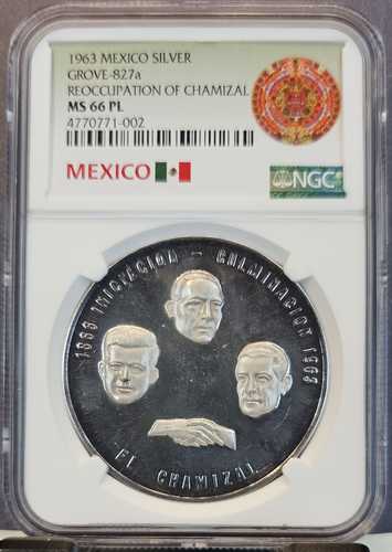 1963年 メキシコ シルバーグローブ 824a チャミサルの回収 NGC MS 66 PL TOP POP 1｜世界の紙幣・金・銀・銅 ラフテル