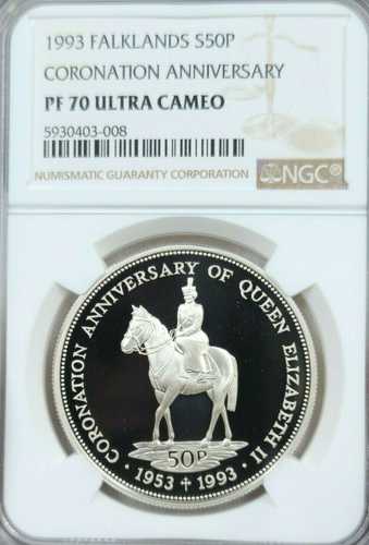 1993年 フォークランド諸島 銀貨 50ペンス 戴冠記念 NGC PF 70 ウルトラカメオ｜世界の紙幣・金・銀・銅 ラフテル