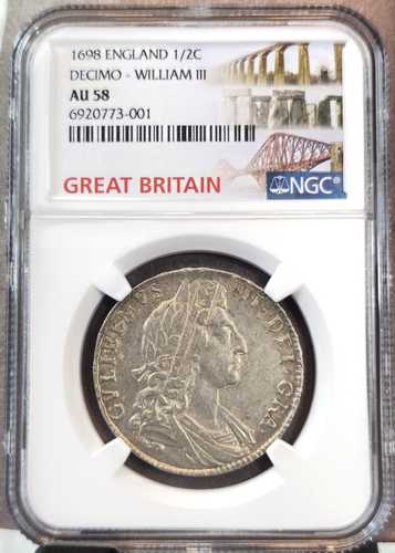 1698年 イギリス 銀貨 1/2クラウン デシモ ウィリアム3世 NGC AU 58 極めて希少｜世界の紙幣・金・銀・銅 ラフテル