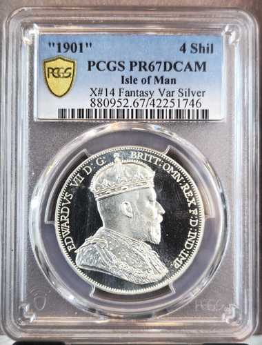 1901年 マン島 銀貨 4シリング X#14 ファンタジーパターン PCGS PR67DCAM トップポップ 1｜世界の紙幣・金・銀・銅 ラフテル