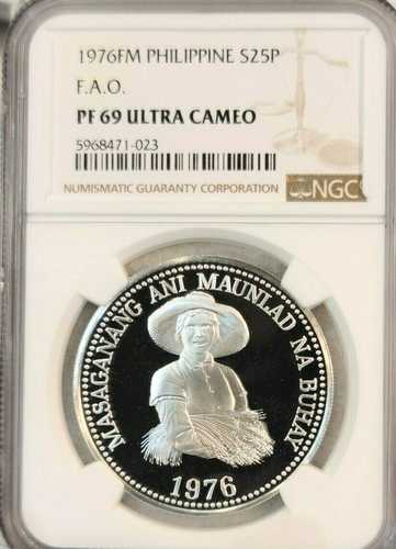 1977年 フィリピン 銀貨 25ペソ F.A.O. NGC PF 69 ウルトラカメオ レア 高グレード PQ｜世界の紙幣・金・銀・銅 ラフテル