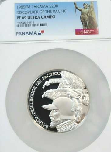 1985年 パナマ銀貨 20 バルボア 太平洋の発見者 NGC PF 69 ウルトラカメオ｜世界の紙幣・金・銀・銅 ラフテル