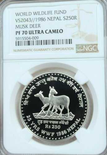 1986年ネパール銀貨 250ルピー ジャコウジカ NGC PF 70 ウルトラカメオ 希少な完璧品!|世界の紙幣・金・銀・銅 ラフテル