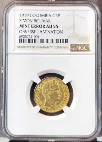 1919年 コロンビア 金貨 5ペソ G5P シモン・ボリバル NGC AU 55 ミントエラー レア｜世界の紙幣・金・銀・銅 ラフテル