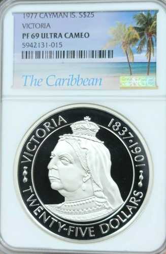 1977年 ケイマン諸島 銀貨 25ドル ヴィクトリア女王 NGC PF 69 ウルトラカメオ トップ|世界の紙幣・金・銀・銅 ラフテル