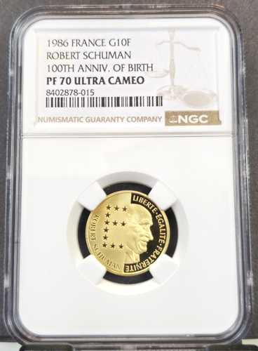 1986年 フランス 金貨 10フラン ロベール・シューマン NGC PF 70 ウルトラカメオ レア パーフェクト｜世界の紙幣・金・銀・銅 ラフテル
