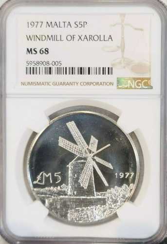 1977年 マルタ 銀貨 5ポンド シャロラの風車 NGC MS 68 素晴らしい 希少 トップ POP 1｜世界の紙幣・金・銀・銅 ラフテル