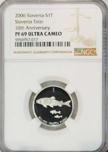 2006年 スロベニア シルバー 1 トラール ブラウントラウト NGC PF 69 ウルトラカメオ レア トップポップ 1｜世界の紙幣・金・銀・銅 ラフテル