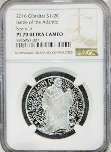 2016年 ジブラルタル シルバー 1/2クラウン 大西洋の戦い NGC PF 70 ウルトラカメオ｜世界の紙幣・金・銀・銅 ラフテル