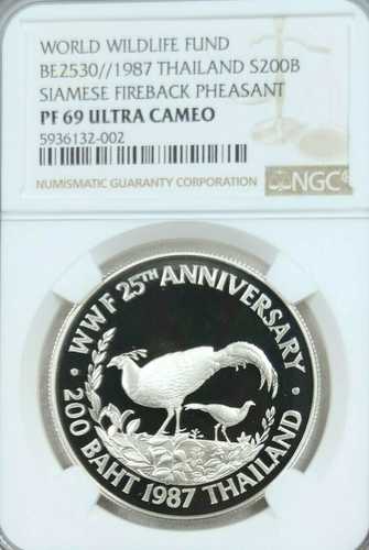 1987年 タイ銀貨 200バーツ シャムキジ NGC PF 69 ウルトラカメオ！｜世界の紙幣・金・銀・銅 ラフテル