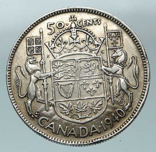 1940年 カナダ イギリス ジョージ6世 ライオンクラウン 大型 旧銀貨 50セント i84502｜世界の紙幣・金・銀・銅 ラフテル