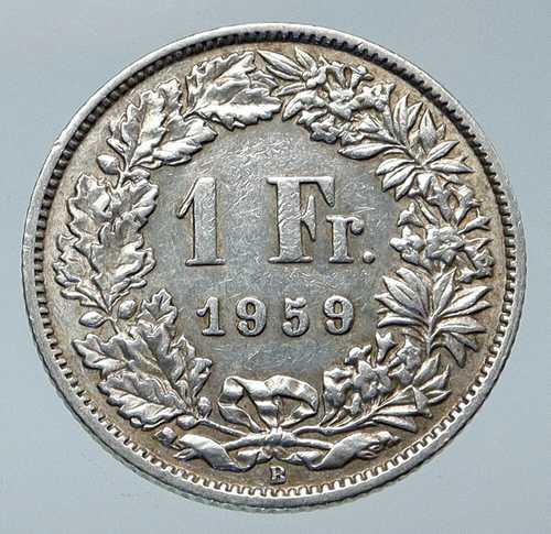 1959年 スイス - 銀貨 1フラン - ヘルベティアはスイス国家を象徴 i85765｜世界の紙幣・金・銀・銅 ラフテル