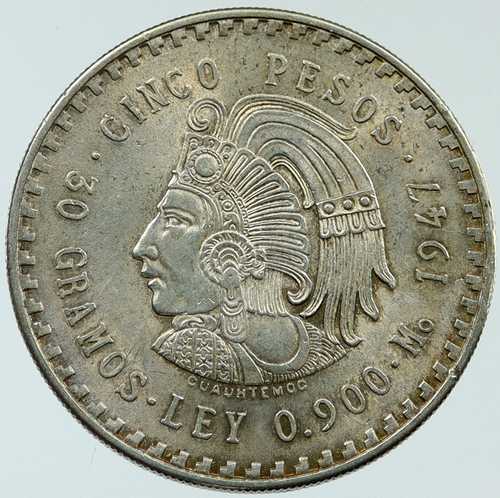 1947年 メキシコ アステカ皇帝クアウテモク 鷲 大型 0.86オンス 銀貨 5ペソ i117640｜世界の紙幣・金・銀・銅 ラフテル 70,400円