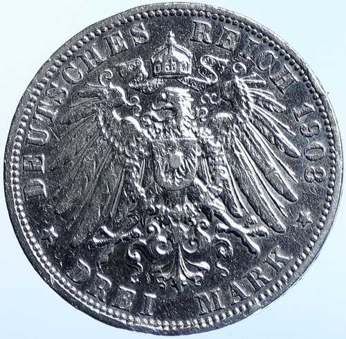 1908年 プロイセン王国 ドイツ ヴィルヘルム2世 旧銀貨 3マルク ドイツ硬貨 i114626｜世界の紙幣・金・銀・銅 ラフテル