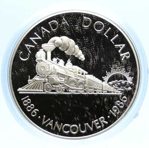1986年 カナダ バンクーバー エリザベス2世女王の列車プルーフ銀貨 i98825|世界の紙幣・金・銀・銅 ラフテル