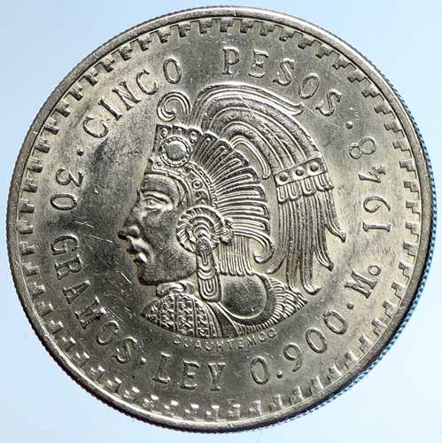 1948年 メキシコ アステカ族の首長 クアウテモク 鷲 ヴィンテージ 銀貨 5ペソ i113394|世界の紙幣・金・銀・銅 ラフテル
