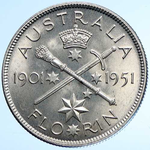 1951年 オーストラリア ジョージ6世即位50周年記念 大型旧銀貨 フローリン i107869|世界の紙幣・金・銀・銅 ラフテル