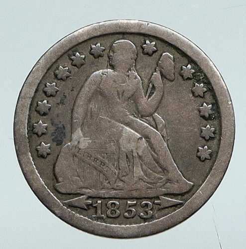 1853年 アメリカ合衆国 銀貨 座像自由の女神 ヴィンテージ アンティーク 古い10セント硬貨 i90724｜世界の紙幣・金・銀・銅 ラフテル