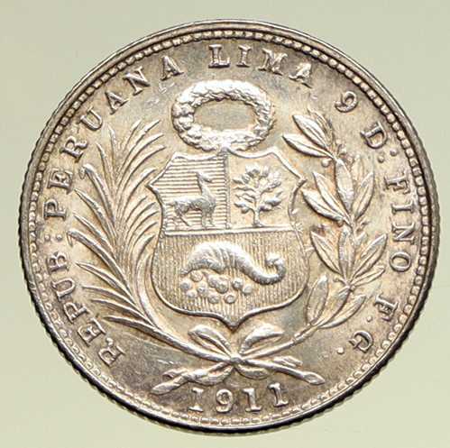 1911FG ペルー 南米 ヴィンテージ アンティーク 古いリバティ シルバー 1/5 SOL コイン i94964｜世界の紙幣・金・銀・銅 ラフテル