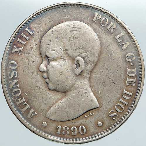 1890年 スペイン アルフォンソ13世 銀貨 5ペセタ アンティーク i89108|世界の紙幣・金・銀・銅 ラフテル