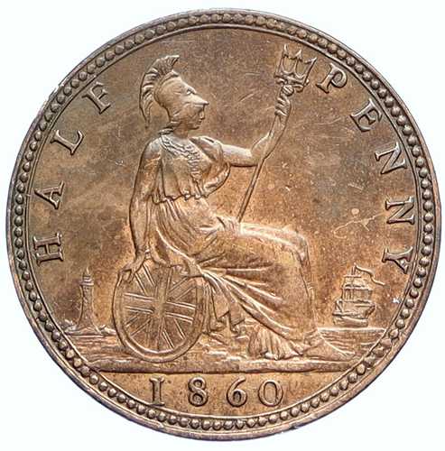 1860年 イギリス 英国 ヴィクトリア女王 1/2 ハーフペニー硬貨 i112774｜世界の紙幣・金・銀・銅 ラフテル