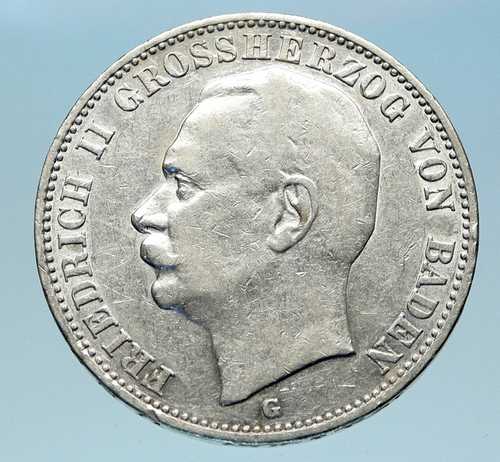 1909年 バーデン ドイツ州 銀貨 フリードリヒ2世 鷲 王冠付き ヴィンテージコイン i82981｜世界の紙幣・金・銀・銅 ラフテル