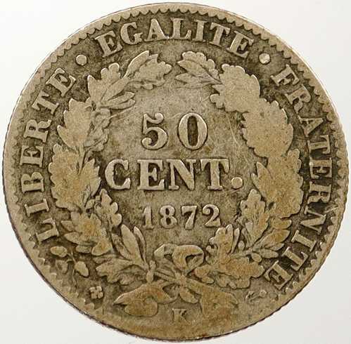 1872年 フランス 銀貨 50サンチーム リバティリース フランス硬貨 i121607｜世界の紙幣・金・銀・銅 ラフテル