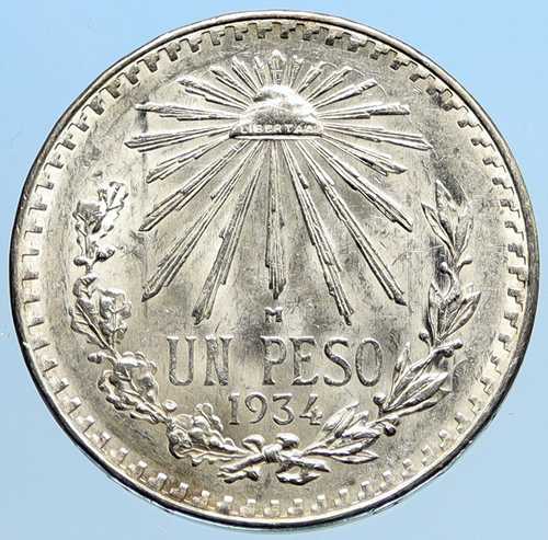 1934年 M メキシコ ラージイーグル リバティキャップ メキシコ アンティーク シルバー 1ペソ硬貨 i96934｜世界の紙幣・金・銀・銅 ラフテル 143,000円