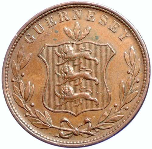 1858年 ガーンジー島 本物のスリーライオンズ 本物のアンティーク 8ダブルコイン i102904｜世界の紙幣・金・銀・銅 ラフテル