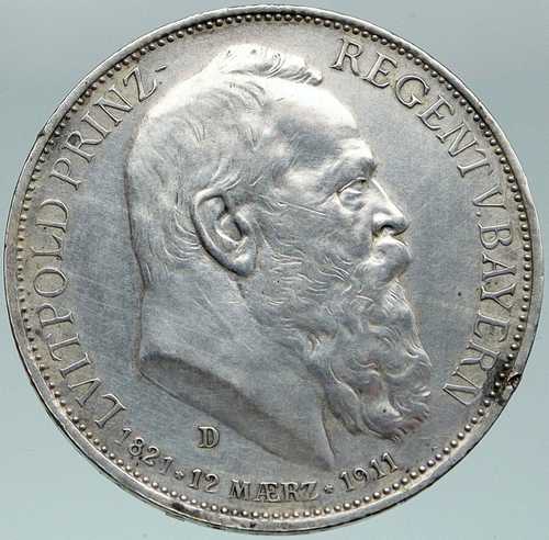 1911年 ドイツ バイエルン オットー1世 ルイポルト王子 アンティーク銀貨 3マルク i87552｜世界の紙幣・金・銀・銅 ラフテル