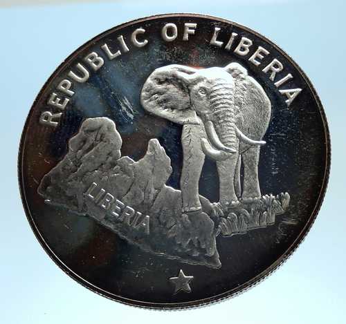 1973年 リベリア州地図と象が描かれたアンティーク本物プルーフ銀貨 5ドル i77452｜世界の紙幣・金・銀・銅 ラフテル
