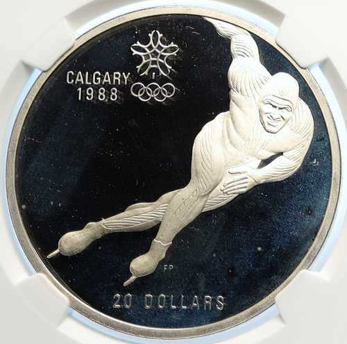 1985年カナダ 1988年カルガリーオリンピック スピードスケート プルーフ銀貨 20ドル NGC i106635｜世界の紙幣・金・銀・銅 ラフテル