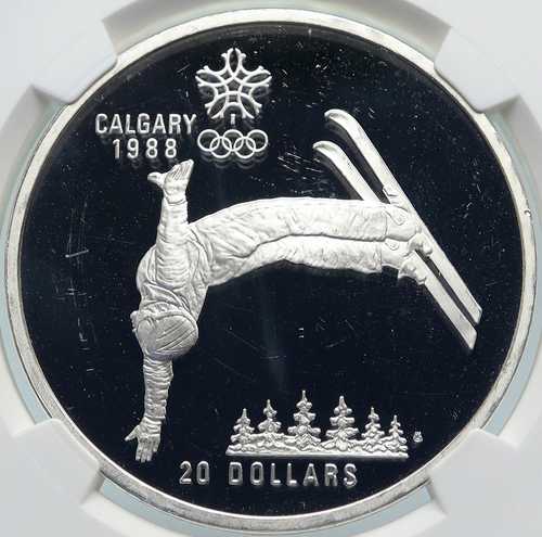 1986年カナダ 1988年カルガリーオリンピック フリークロススキー プルーフ銀貨 20ドル NGC i85354｜世界の紙幣・金・銀・銅 ラフテル