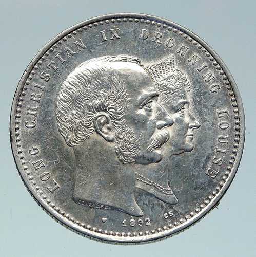 1892年 デンマーク クリスチャン9世 ルイーズ 金婚式 銀貨 2クローネ i86506｜世界の紙幣・金・銀・銅 ラフテル