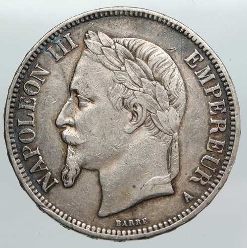 1868年 フランス皇帝ナポレオン3世 王冠紋章入り銀貨 5フラン フランス硬貨 i90566｜世界の紙幣・金・銀・銅 ラフテル