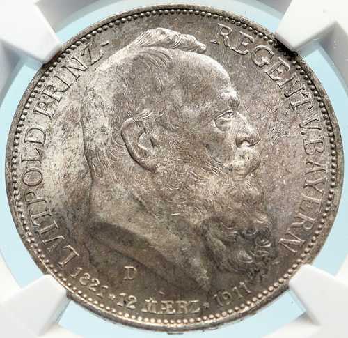 1911年 D ドイツ バイエルン オットー1世 ルイポルト王子 銀貨 3マルク NGC i83762｜世界の紙幣・金・銀・銅 ラフテル