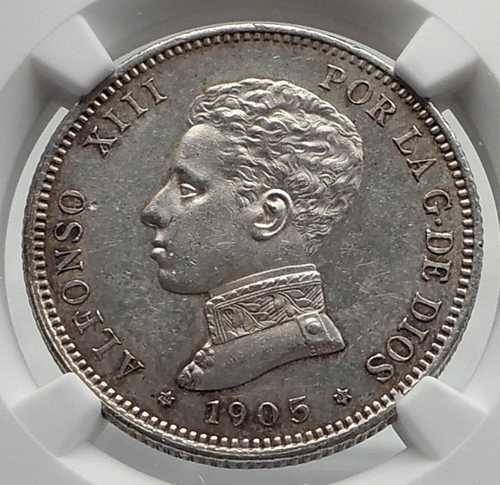 1905年 スペイン スペイン国王アルフォンソ13世 純銀製2ペセタ硬貨 NGC i79895｜世界の紙幣・金・銀・銅 ラフテル