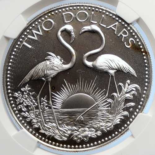 1976年 バハマ諸島 2羽のフラミンゴ ヴィンテージ プルーフ シルバー 2ドル硬貨 NGC i105872｜世界の紙幣・金・銀・銅 ラフテル