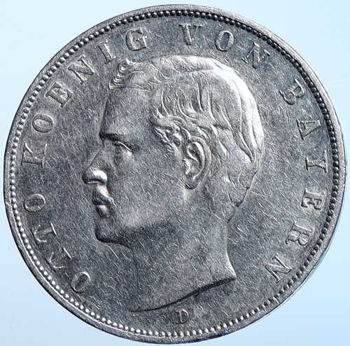 1909年 D ドイツ ドイツ諸邦 バイエルン オットー王 銀貨 3マルク イーグル i114608|世界の紙幣・金・銀・銅 ラフテル