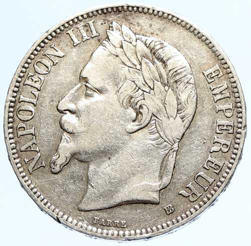 1870年 フランス ナポレオン3世 皇帝 アンティーク紋章 銀貨 5フラン フランス硬貨 i97087｜世界の紙幣・金・銀・銅 ラフテル