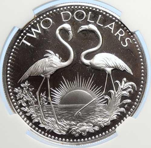 1975年 バハマ エリザベス2世女王 フラミンゴ プルーフ銀貨 2ドル NGC i106533｜世界の紙幣・金・銀・銅 ラフテル