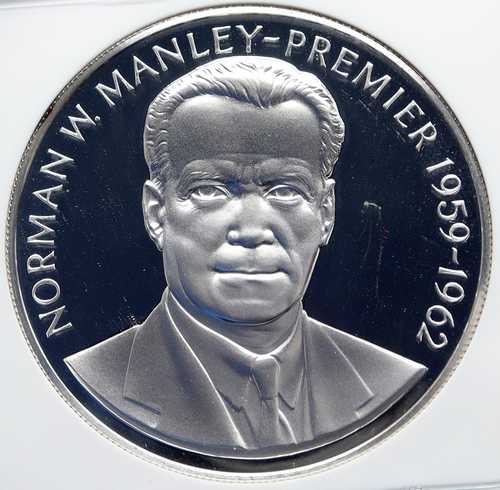 1971年 ジャマイカ プルーフ 特大 4.5cm ノーマン・W・マンリー首相 銀貨 5ドル NGC i85806｜世界の紙幣・金・銀・銅 ラフテル