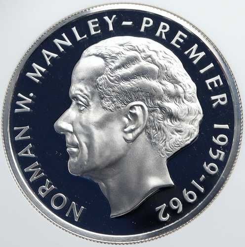 1974年 ジャマイカ プルーフ 特大 4.5cm ノーマン・W・マンリー首相 銀貨 5ドル NGC i87826｜世界の紙幣・金・銀・銅 ラフテル
