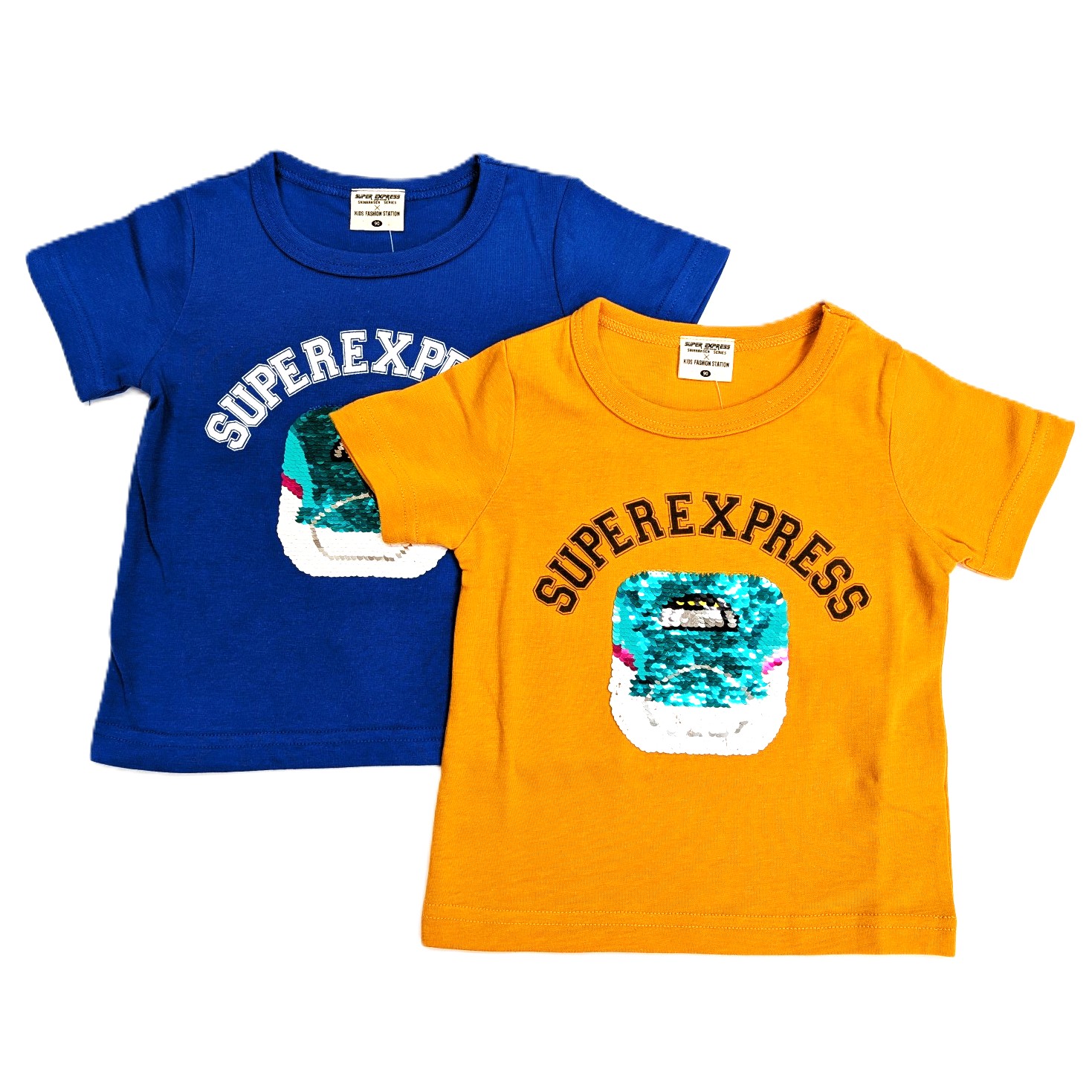 新幹線　スパンコール　こまち　はやぶさ　半袖 Tシャツ　ラバープリント　ブルー　オレンジ　ベビー　キッズ　ジュニア　子供　春　夏　秋　服　キラキラ　リバーシブル　90cm　95cm　100cm　110cm　120cm　130cm　こまち⇔はやぶさ画像