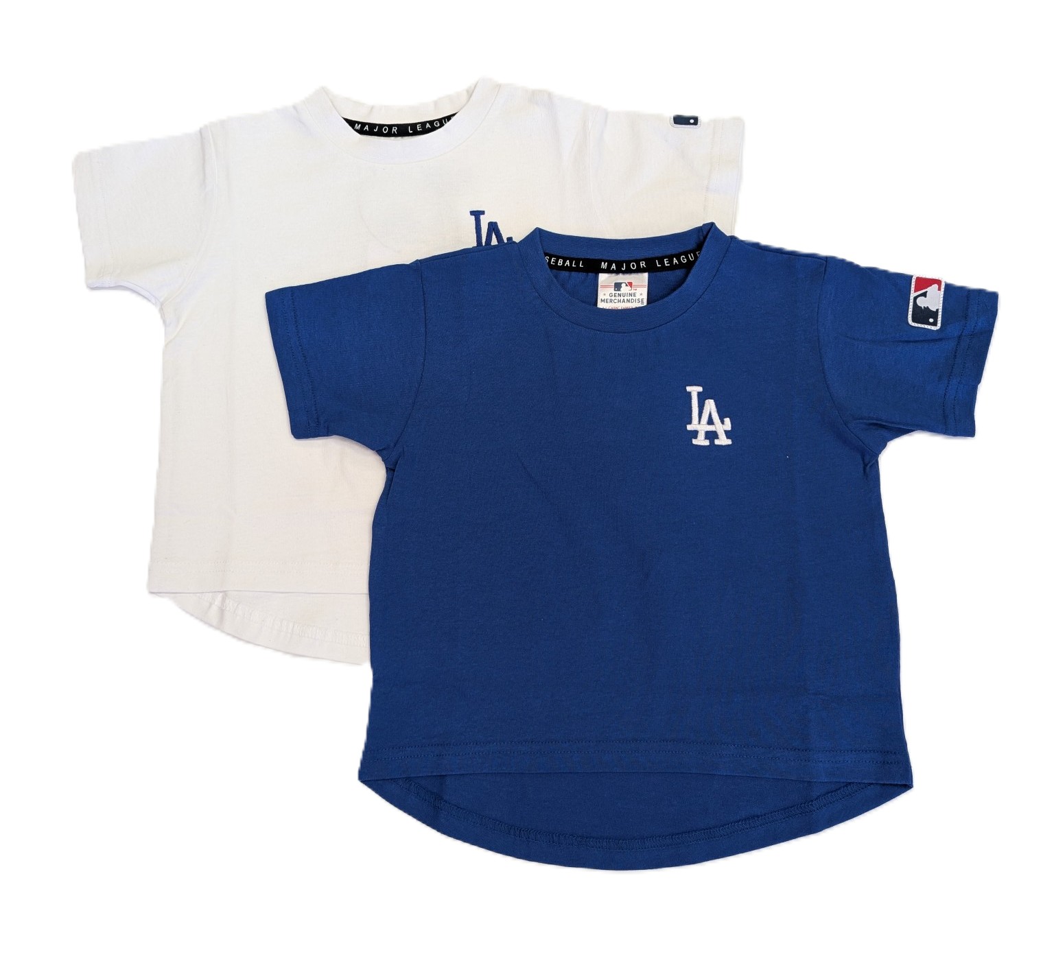 MLB　ロゴ　刺繡　Tシャツ　半袖　ブルー　ホワイト　バックプリント　男の子　女の子　ベビー　キッズ　ジュニア　ロサンゼルス・ドジャース　野球　春　夏　秋　服　メジャーリーグ　トップス　子供服　LA画像