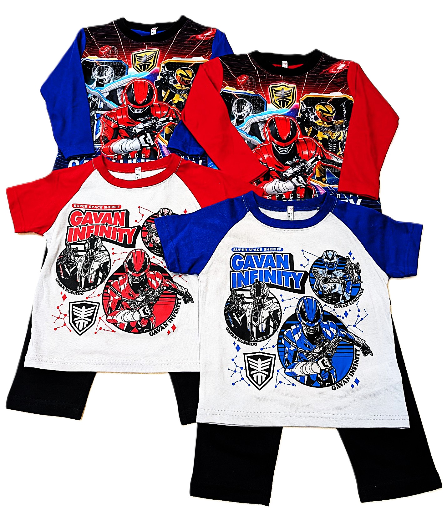 新番組　超宇宙刑事ギャバン　インフィニティ　プリント　光る　2TOPS　天竺　パジャマ　長袖　半袖　長ズボン　男の子　キッズ　ジュニア　子供　レッド　ブルー　春　夏　秋　冬　部屋着　TVキャラクター　100cm　110cm　120cm　130cm　蓄光画像