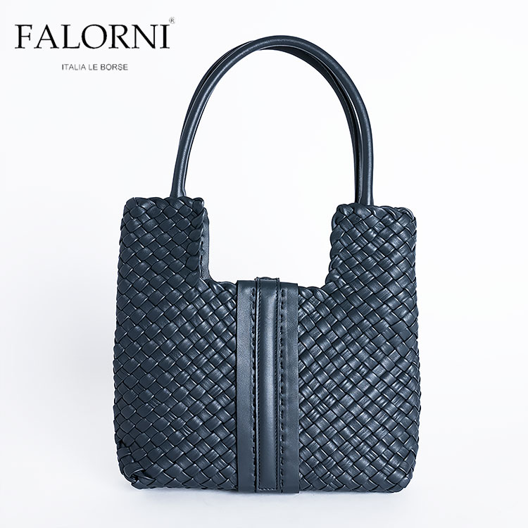 FALORNI 紺　編み込みレザー トートバッグ falorni ファロルニ トートバッグ イントレチャート メッシュ