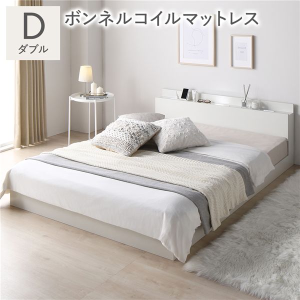 宮棚付き ローベッド フロアベッド ダブルサイズ (ボンネルコイルマットレス付き) スノコ構造 LEDライト付き 二口コンセント付き 木目調 頑丈 スタイリッシュ ホワイト